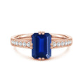 Double Flat Prongs Emerald Lab Blue Sapphire with Pavé Moissanite Engagement Ring