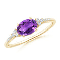 East-West Oval Amethyst Solitaire Engagement Ring with Moissanite Accents