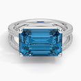 Emerald-Cut London Blue Topaz Double Moissanite Pavé Split-Shank Cocktail Ring