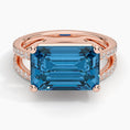 Emerald-Cut London Blue Topaz Double Moissanite Pavé Split-Shank Cocktail Ring