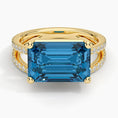 Load image into Gallery viewer, Emerald-Cut London Blue Topaz Double Moissanite Pavé Split-Shank Ring