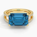 Emerald-Cut London Blue Topaz Double Moissanite Pavé Split-Shank Cocktail Ring
