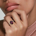 Load image into Gallery viewer, Oval Garnet Hidden Halo Engagement Ring with Moissanite Pavé Band