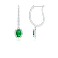 Oval Lab-Created Emerald with Halo Moissanite Huggie Hoop Drop Earrings