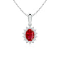 Oval Lab-Created Ruby with Floral Moissanite Halo Pendant Necklace
