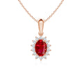 Oval Lab-Created Ruby with Floral Moissanite Halo Pendant Necklace