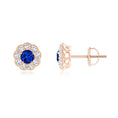 Vintage Round Lab Blue Sapphire with Moissanite Halo Stud Earrings
