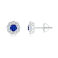 Vintage Round Lab Blue Sapphire with Moissanite Halo Stud Earrings