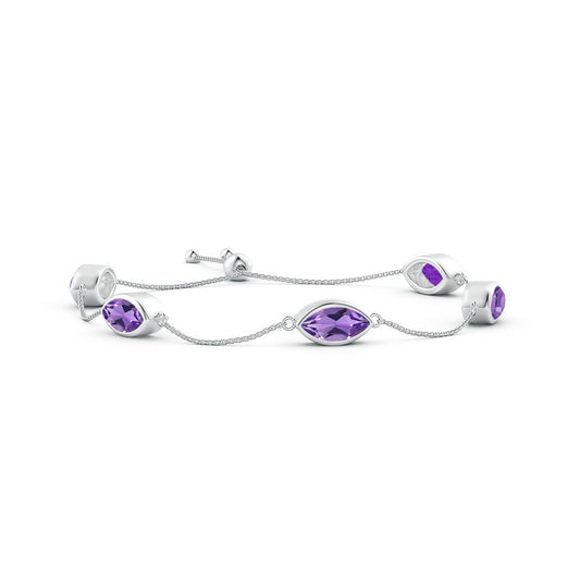 Adjustable East-West Marquise Amethyst Bezel Settings Bolo Bracelet
