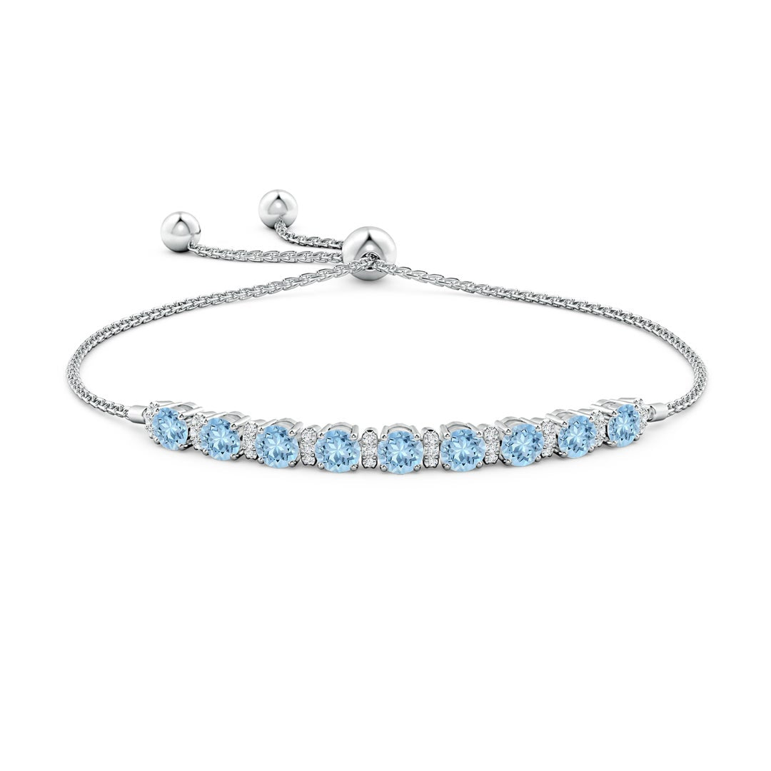 Round Aquamarine Station with Moissanite Trio Accents Tennis Bolo Bracelet