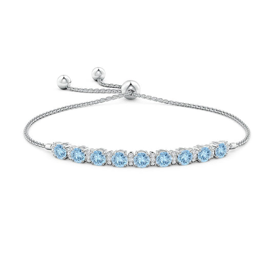 Round Aquamarine Station with Moissanite Trio Accents Tennis Bolo Bracelet