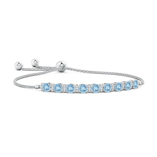 Round Aquamarine Station with Moissanite Trio Accents Tennis Bolo Bracelet