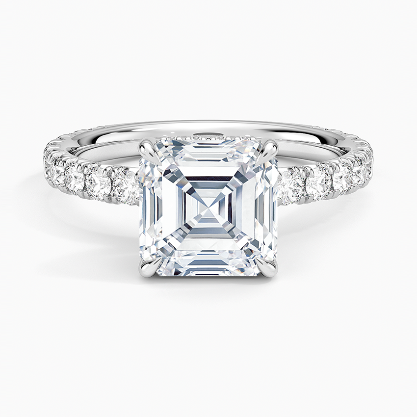 Asscher Cut French Pavé Moissanite Engagement Ring with Hidden Halo