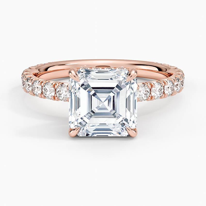 Asscher Cut French Pavé Moissanite Engagement Ring with Hidden Halo