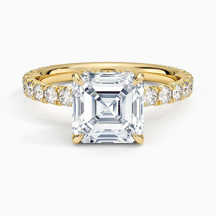 Asscher Cut French Pavé Moissanite Engagement Ring with Hidden Halo