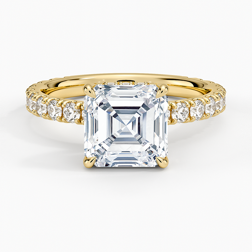 Asscher Cut Three-Quarter Pavé Band Moissanite Engagement Ring with Hidden Halo