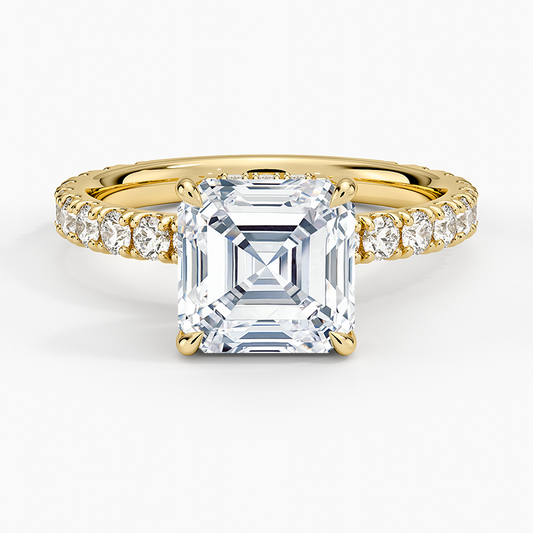 Asscher Cut Three-Quarter Pavé Band Moissanite Engagement Ring with Hidden Halo