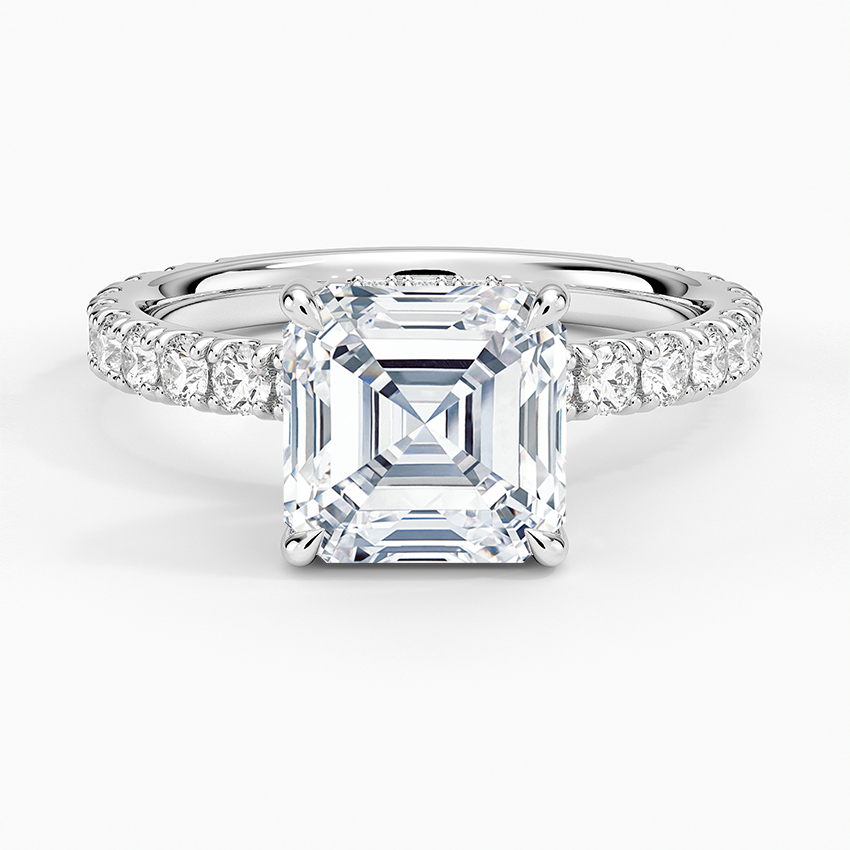 Asscher Cut Three-Quarter Pavé Band Moissanite Engagement Ring with Hidden Halo