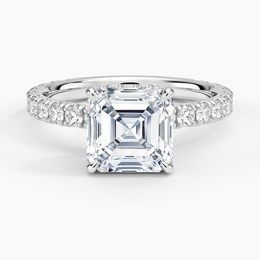 Asscher Cut Three-Quarter Pavé Band Moissanite Engagement Ring with Hidden Halo