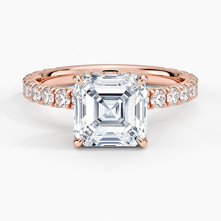Asscher Cut Three-Quarter Pavé Band Moissanite Engagement Ring with Hidden Halo