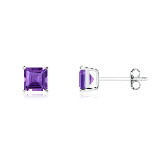 Basket-Set Princess Cut Amethyst Stud Earrings