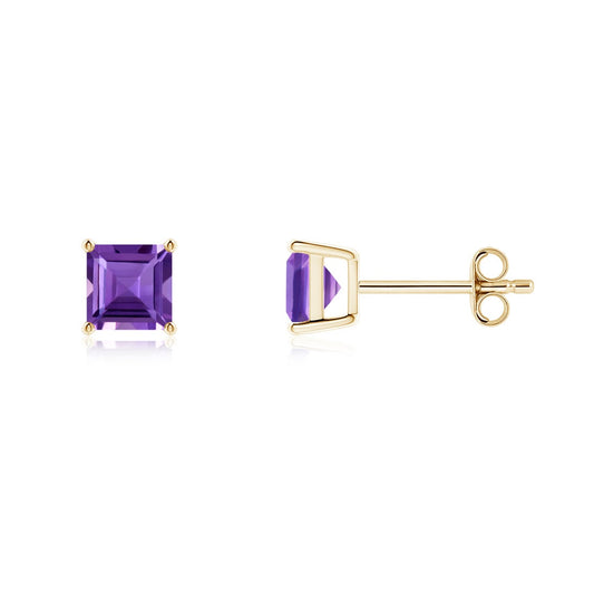 Basket-Set Princess Cut Amethyst Stud Earrings