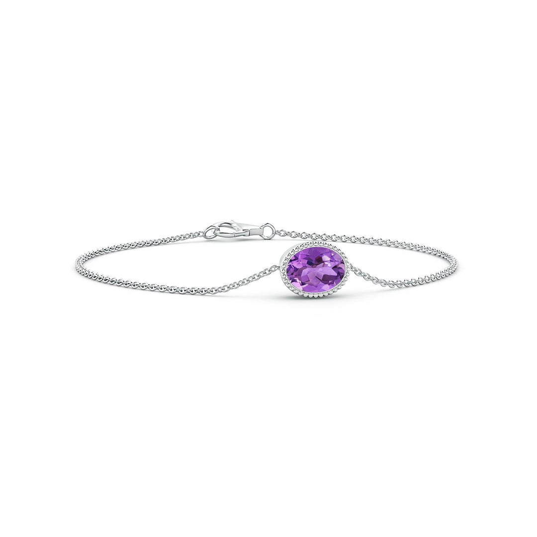 Beaded Bezel-Set Oval Amethyst Chain Bracelet