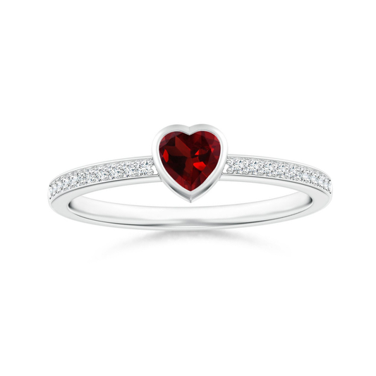 Bezel Heart Garnet with Moissanite Accents Stackable Promise Ring - 2.0 mm