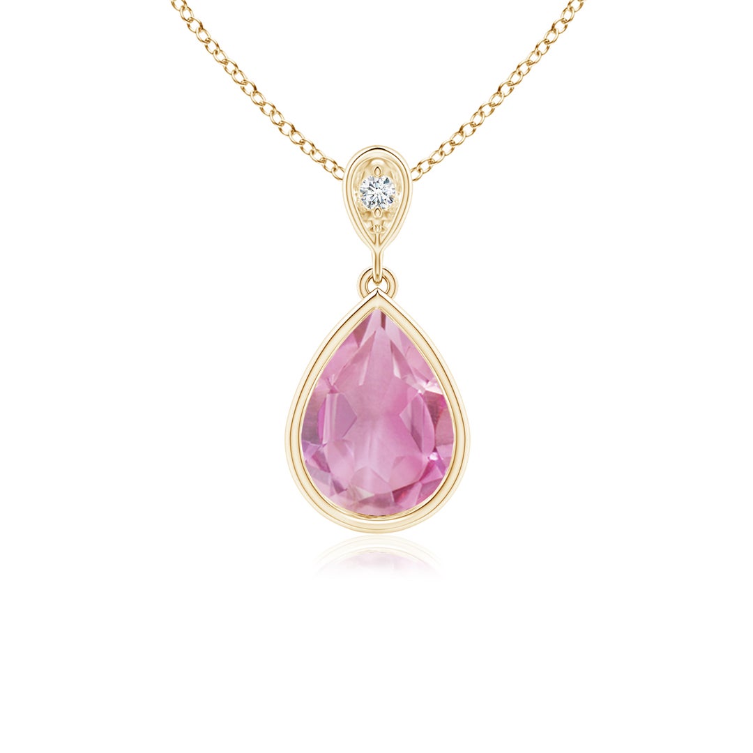 Bezel Pear Pink Tourmaline with Moissanite Accent Pendant Necklace