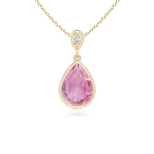 Bezel Pear Pink Tourmaline with Moissanite Accent Pendant Necklace