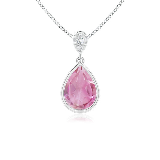Bezel Pear Pink Tourmaline with Moissanite Accent Pendant Necklace