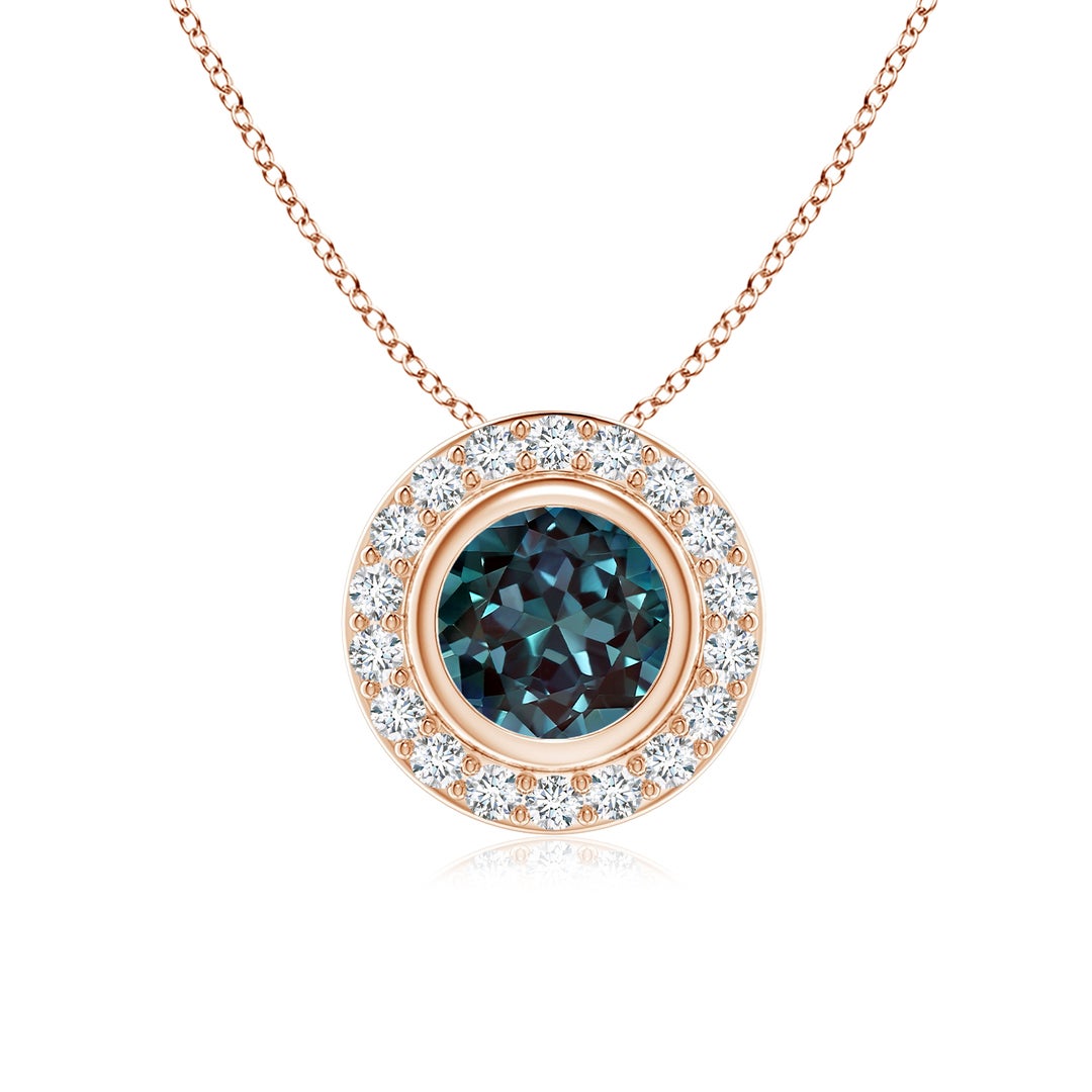 Bezel Round Lab-Grown Alexandrite with Moissanite Halo Pendant Necklace