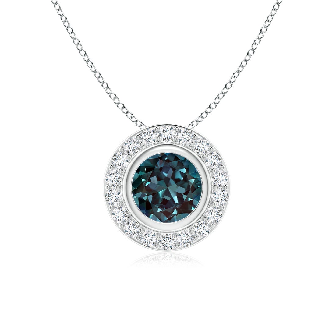 Bezel Round Lab-Grown Alexandrite with Moissanite Halo Pendant Necklace