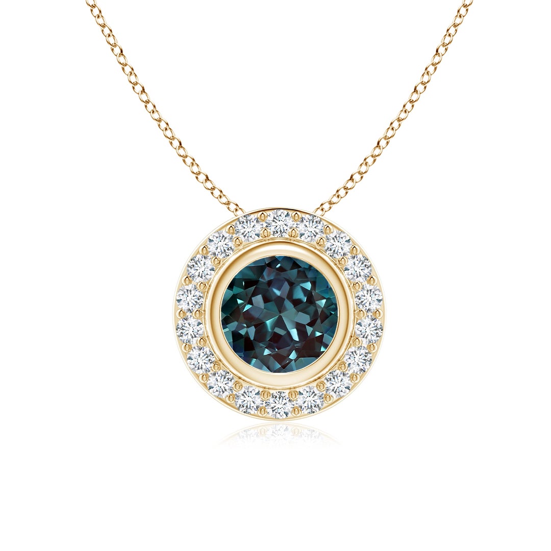 Bezel Round Lab-Grown Alexandrite with Moissanite Halo Pendant Necklace