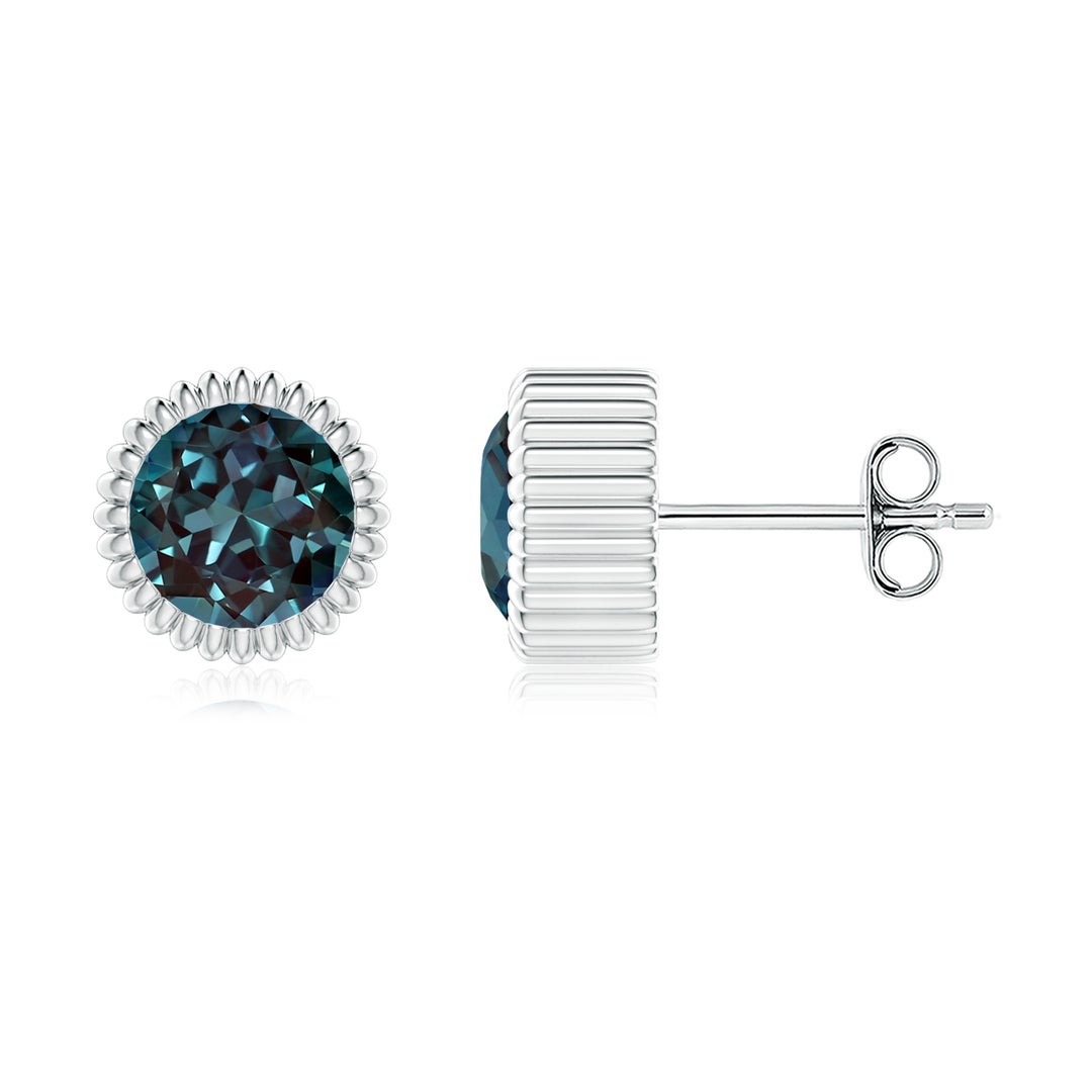 Bezel Set Lab Alexandrite with Beaded Halo Stud Earrings