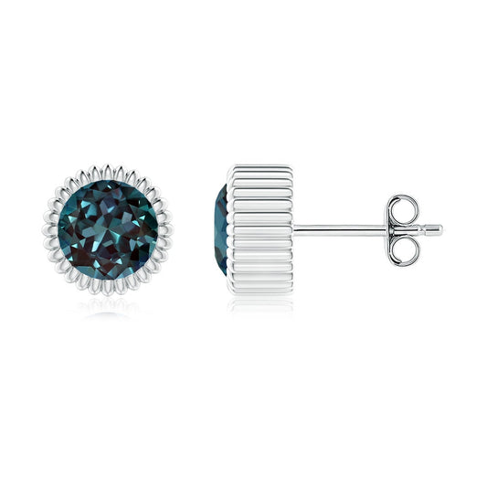 Bezel Set Lab Alexandrite with Beaded Halo Stud Earrings