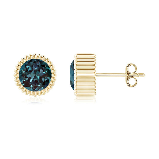 Bezel Set Lab Alexandrite with Beaded Halo Stud Earrings