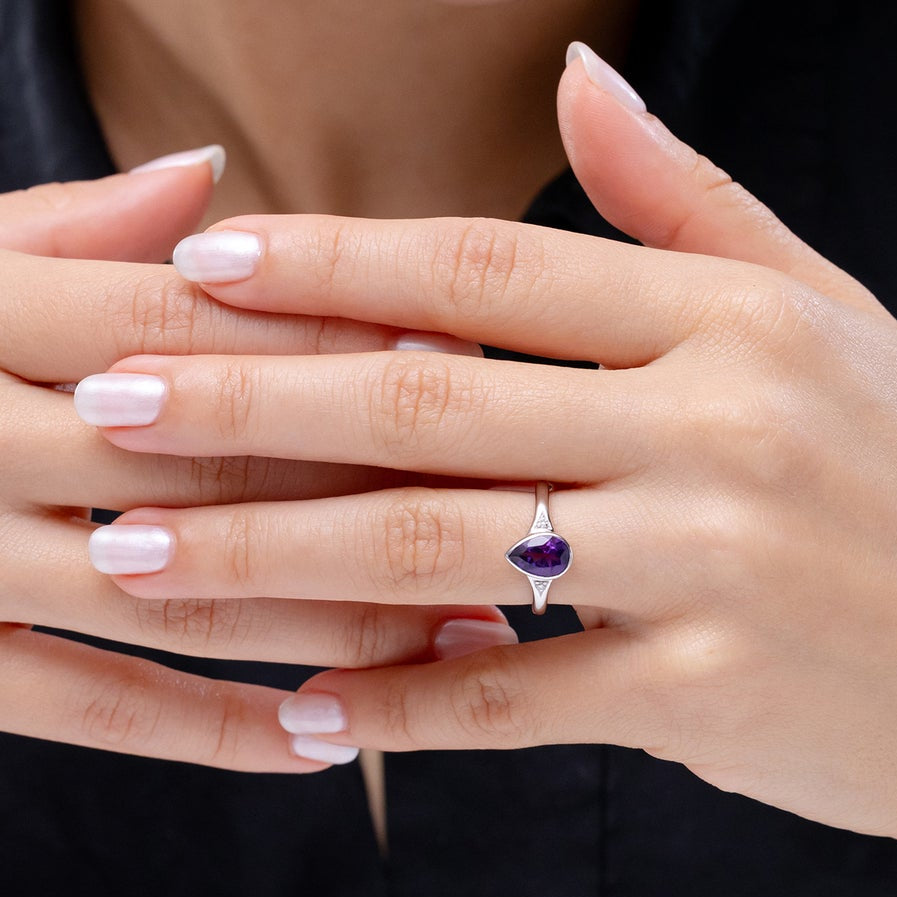 Bezel-Set Pear Amethyst with Recessed Moissanite Accents Engagement Ring