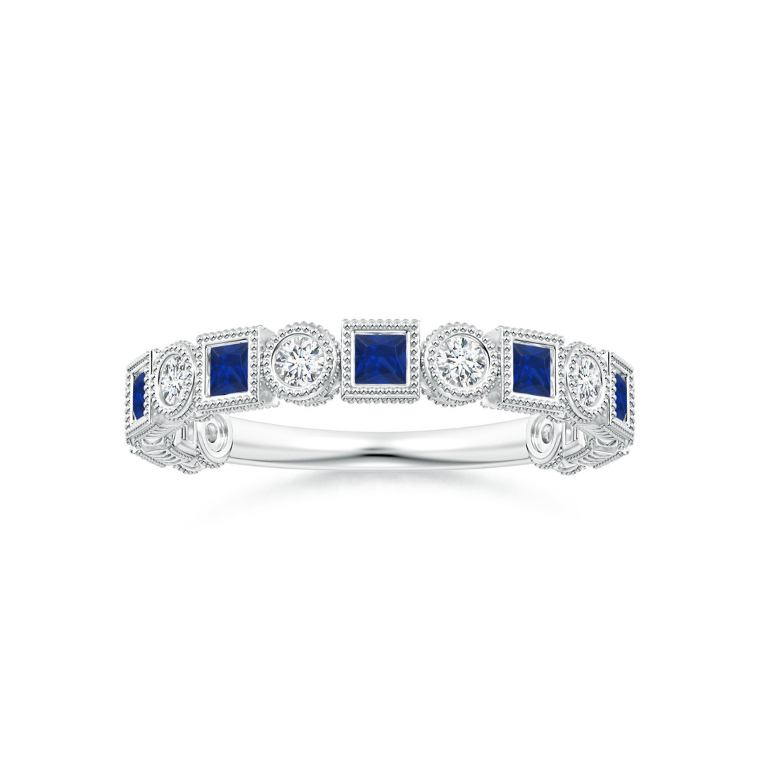 Bezel-Set Princess Lab Sapphire and Alternating Round Moissanite Wedding Band