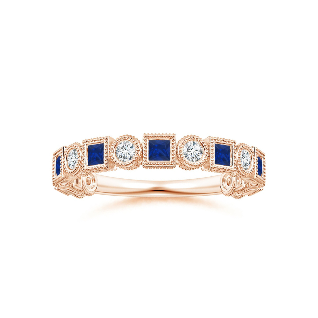 Bezel-Set Princess Lab Sapphire and Alternating Round Moissanite Wedding Band