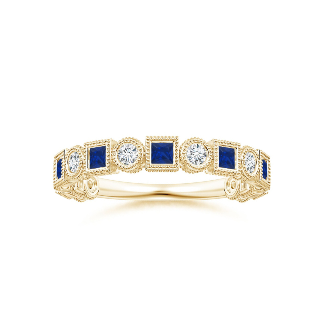 Bezel-Set Princess Lab Sapphire and Alternating Round Moissanite Wedding Band