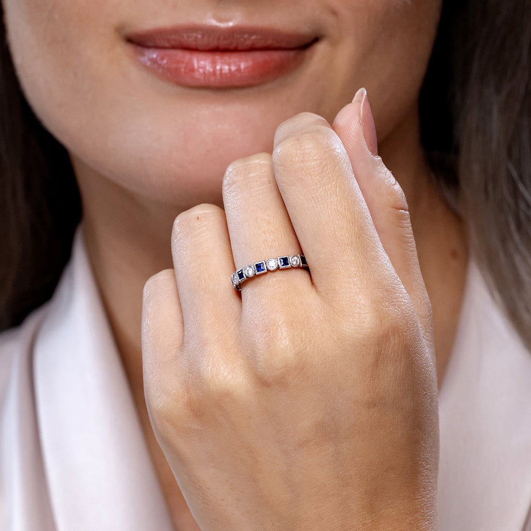 Bezel-Set Princess Lab Sapphire and Alternating Round Moissanite Wedding Band