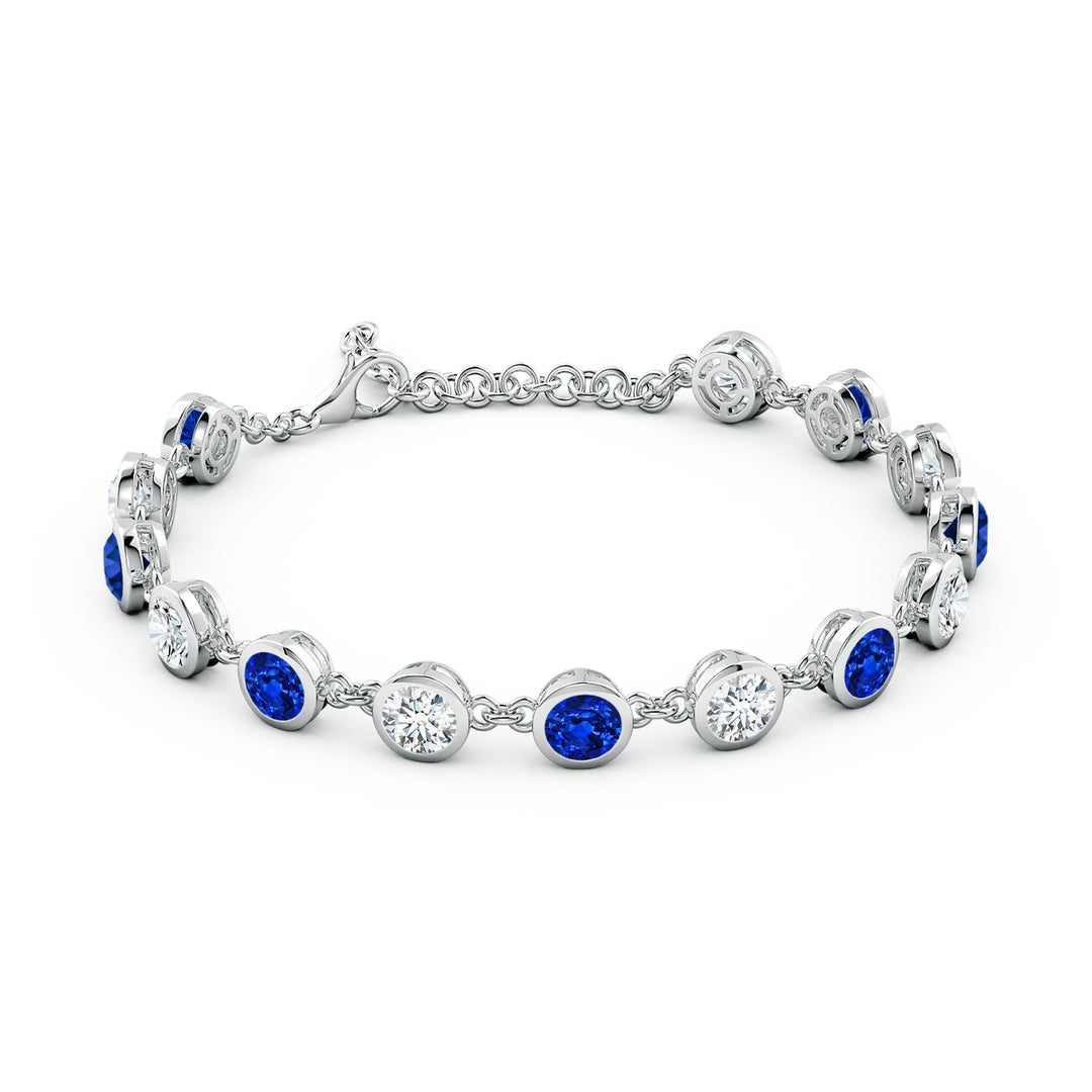 Bezel-Set Round Lab Blue Sapphire & Moissanite Tennis Bracelet