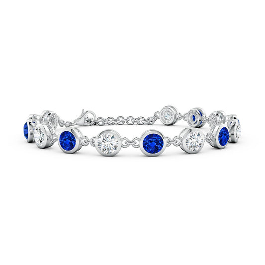 Bezel-Set Round Lab Blue Sapphire & Moissanite Tennis Bracelet