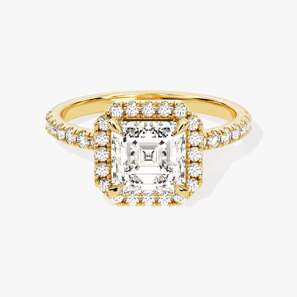 Brilliant Halo Asscher Cut Moissanite Engagement Ring with Pave Band
