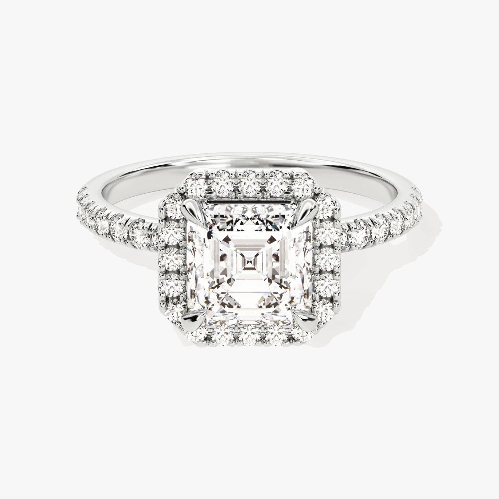 Brilliant Halo Asscher Cut Moissanite Engagement Ring with Pave Band