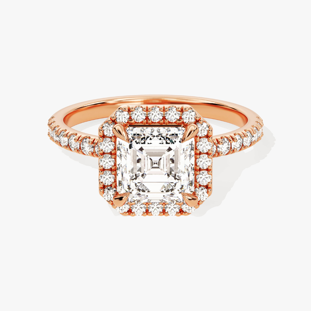 Brilliant Halo Asscher Cut Moissanite Engagement Ring with Pave Band
