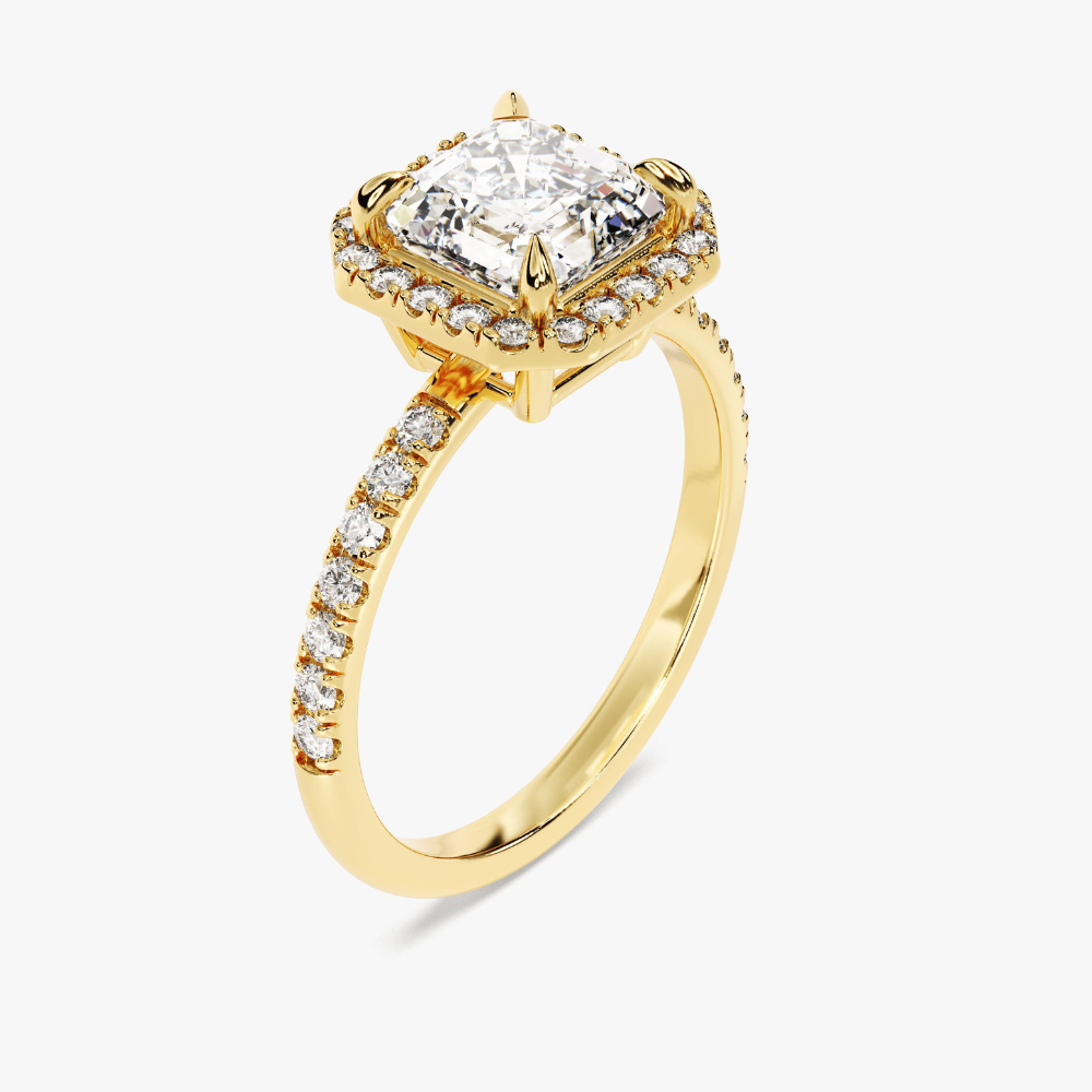 Brilliant Halo Asscher Cut Moissanite Engagement Ring with Pave Band
