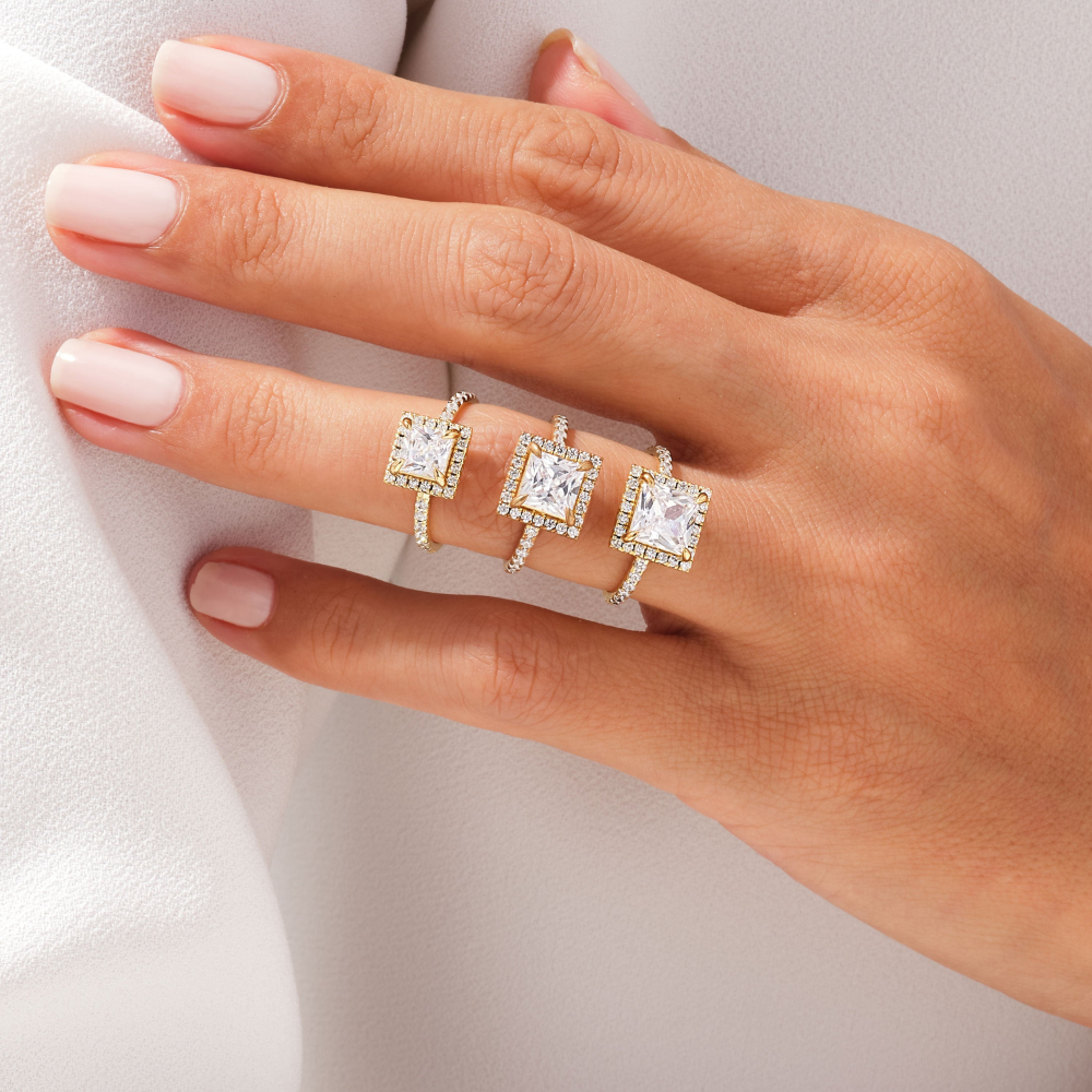 Brilliant Halo Princess Cut Moissanite Engagement Ring