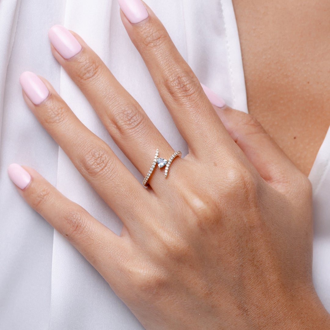 Bypass Trillion Aquamarine with Moissanite Accents Promise Ring